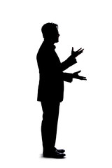 Full body silhouette of a businessman isolated on a white background. He is gesturing like he is...