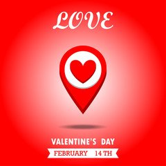Love Valentines day red background with heart pin. Vector illustration.
