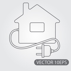 Symbol cottage with an electric plug black and white outline drawing. Eco house, eco technology