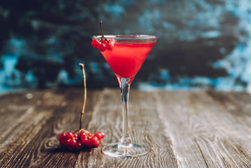Viburnum martini cocktail with autumn setting on the rustic background. Selective focus. Shallow depth of field.
