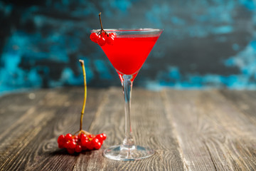 Viburnum martini cocktail with autumn setting on the rustic background. Selective focus. Shallow depth of field.