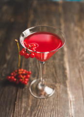 Viburnum martini cocktail with autumn setting on the rustic background. Selective focus. Shallow depth of field.