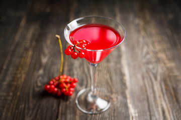 Viburnum martini cocktail with autumn setting on the rustic background. Selective focus. Shallow depth of field.