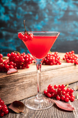 Viburnum martini cocktail with autumn setting on the rustic background. Selective focus. Shallow depth of field.