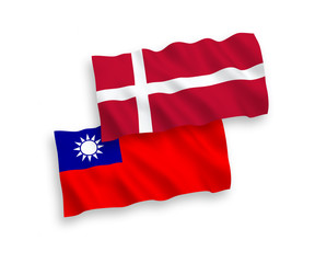 National vector fabric wave flags of Denmark and Taiwan isolated on white background. 1 to 2 proportion.