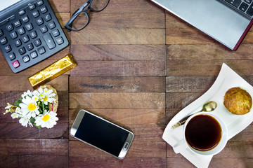 coffee with office equipment on desktop,top view with copy space