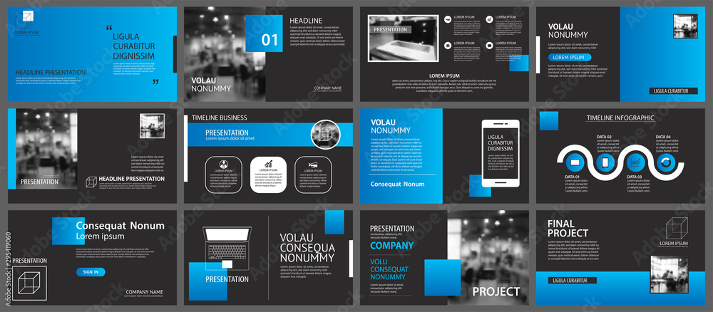 Poster presentation and slide layout background. design blue and black circle template. use for business an
