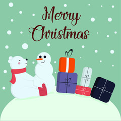 christmas card with bear,snowman and gifts flat design illustration