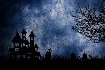 Fototapeten Halloween-Nachtszene mit Geisterhaus- und Todesbaumhintergrund. © kaisorn