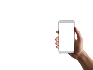 The hand of man holding to phone white sceen and has white background.