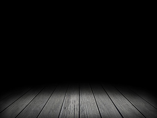 Wooden board empty gray color table in front of black background.Wooden floor space show display.