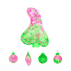 Watercolor Christmas tree and decorated elements  such as balls  isolated on white background. Hand drawn colorful winter holiday  symbols for New year and Chrismas.