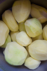 Peeled potatoes in water before cooking. culinary background.
