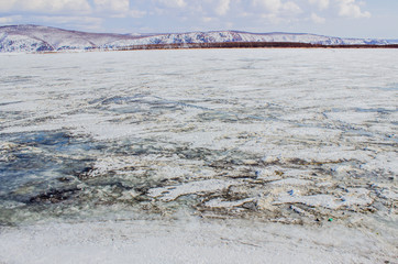 Landscape on the river and hills. Frozen river © Вероника Одинокова