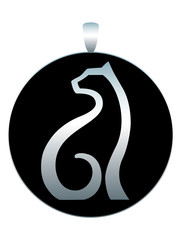 Round silver medallion - pendant with black enamel and the image of a stylized cat or panther - stock illustration. Cat jewelry