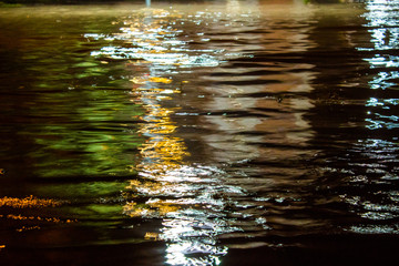 Water with reflection of street lights. Flood in the city.