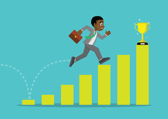 African Businessman running on graphs going to the trophies.
