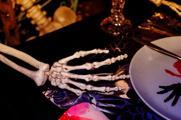 Right hand bone on tableware,Halloween day