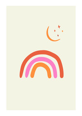 Abstract Rainbow with Moon Print. Vector Kids Illustration.