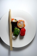 Sushi on a separate white plate set if the background