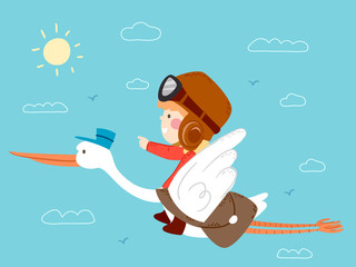 Kid Boy Ride Bird Stork Travel Fly Illustration
