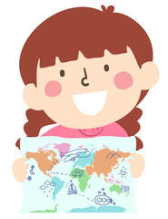 Kid Girl Hold Map Doodle Illustration