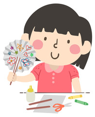 Kid Girl Paper Fan Craft Illustration