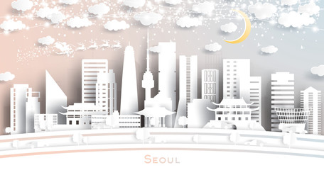 Fototapeta premium Seoul South Korea City Skyline in Paper Cut Style with Snowflakes, Moon and Neon Garland.