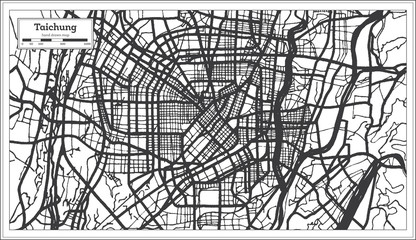 Taichung Taiwan Indonesia City Map in Black and White Color. Outline Map.
