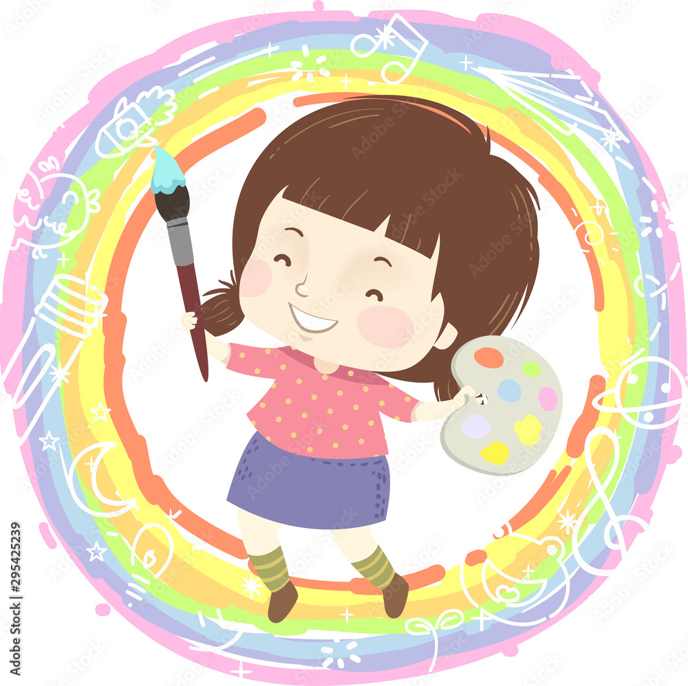 Sticker Kid Girl Paint Rainbow Illustration