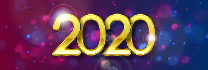 Golden 2020 lettering on blue purple Christmas bokeh background. Abstract New Year greeting card vector design