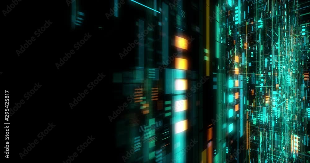 Poster seamless fly through of abstract circuitry with digital grid background, data deep learning computer