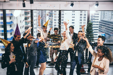 Celebrate and victory to business success with colleagues. Business celebration party event with co-worker partner in business marketing team, winner successful with startup teamwork together - obrazy, fototapety, plakaty