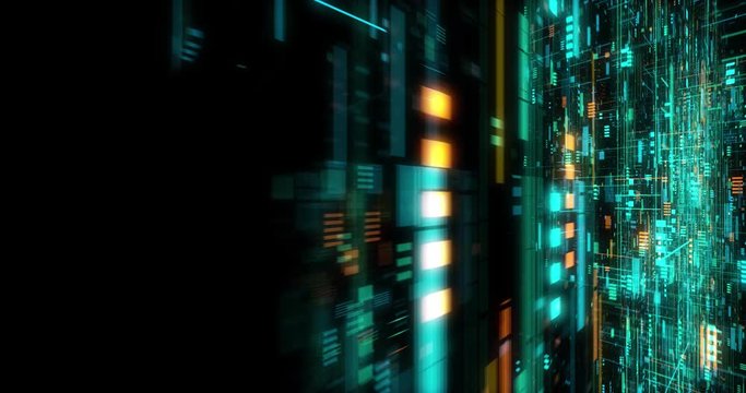 Seamless fly through of abstract circuitry with digital grid background, Data deep learning computer machine. AI artificial intelligence and ML machine learning concept. loop, 3D render