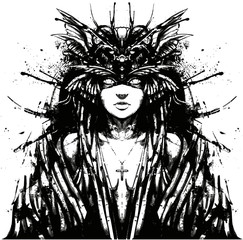 Desuka harpy with a face covered in soot . 2D illustration - obrazy, fototapety, plakaty