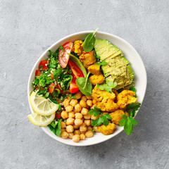 Bowl Buddha Balanced healthy vegetarian food top view