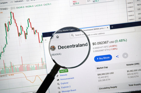 Decentraland altcoin site under magnifying glass.