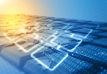 Business flow chart  on computer keyboard. 3d illustration.