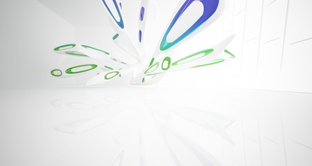 Abstract architectural white and glass gradient color smooth interior of a minimalist house with large windows. 3D illustration and rendering.