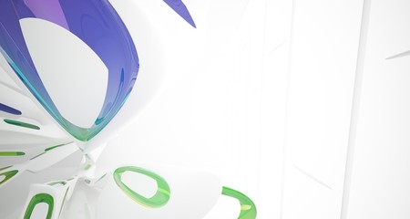 Abstract architectural white and glass gradient color smooth interior of a minimalist house with large windows. 3D illustration and rendering.