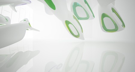 Abstract architectural white and glass gradient color smooth interior of a minimalist house with large windows. 3D illustration and rendering.