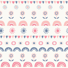 Seamless repeat pattern of rainbows, flowers, hearts and sunshine shapes in rows. Vector design background.