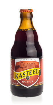 GRONINGEN, NETHERLANDS - FEBRUARY 24, 2017: Bottle of Kasteel Rouge fruit beer isolated on a white background