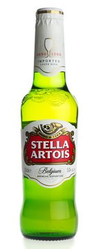 GRONINGEN, NETHERLANDS - MARCH 20, 2017: Bottle of Belgian Stella Artois Lager beer isolated on a white background