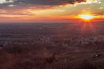 Colorful sunset in the italian vineyards