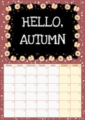 Hello Autumn. Chalkboard monthly calendar with cut in half apples elements. Fall festive planner. Cute cartoon style hygge template for agenda, planners, check lists, and other stationery