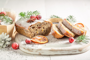 Traditionally poppy seed cake for Christmas in white table