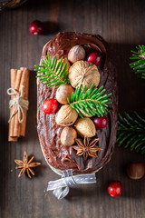 Closeup of gingerbread nuts for Christmas baked in wooden box