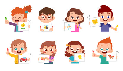 happy cute kids draw with crayon set