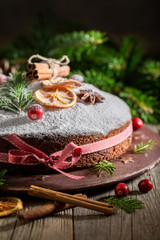 Closeup of poppy seed cake for Christmas made with cocoa
